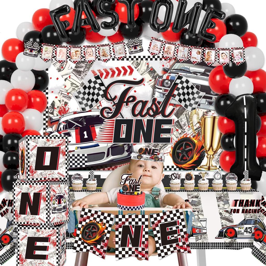 Fast One Birthday Decorations, 125 Pcs Race Car First 1st Birthday Party Supplies for Boys Baby - Banner, Cake Toppers, Balloons, Tablecloth,