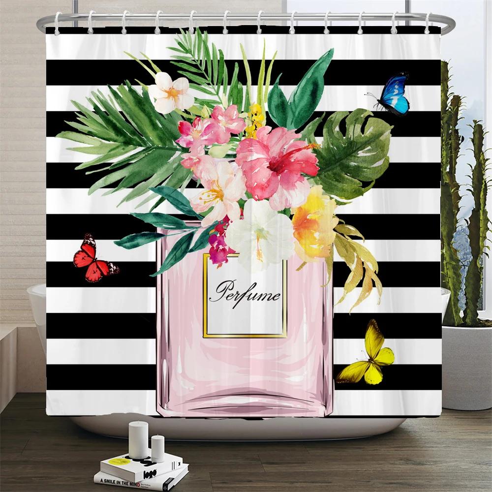 Ladies Perfume Flower Print Shower Curtain Fashion Bathroom Curtains Fashion Girly Women Polyester Bath Curtain Decor With Hooks