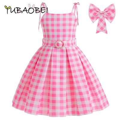 Children Cosplay Movie Clothes Princess Dress Girls Suspender Plaid Waist Fashion Pink Long Dresses with Bow Hair Accessories
