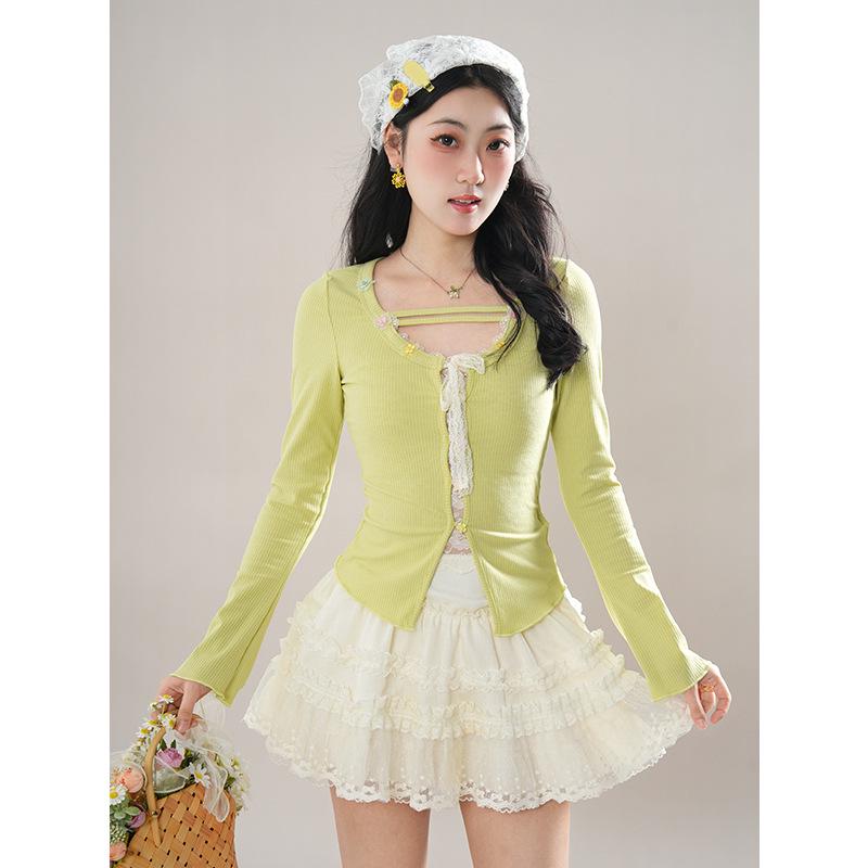 Весенний женский вязаный кардиган и юбка с кружевной подкладкой: сладкий и пряный комплект M