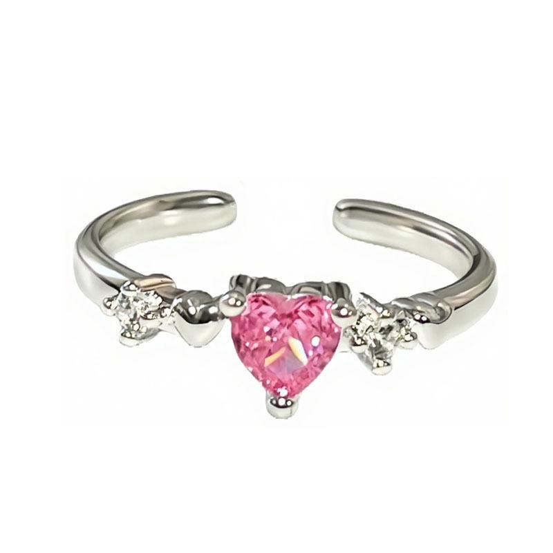 Sweet pink diamond love cross white temperament open ring women's peach heart thorn simple light luxury high sense ring