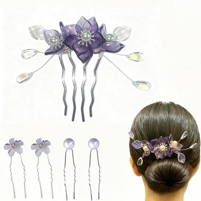 Hair Ornament, Hair Accessory, Kanzashi (Japanese Hair Ornament), U-shaped, Purple, Bellflower Design, for Japanese Clothing, Yukata, Festivals,