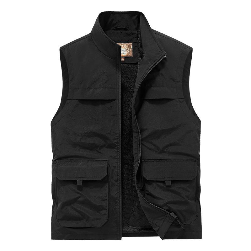 

Four Seasons Men s Vest Thin Dad Sleeveless Stand-Up Collar Multi-Pocket Quick-Drying Vest Large Size Vest 6XL чорний