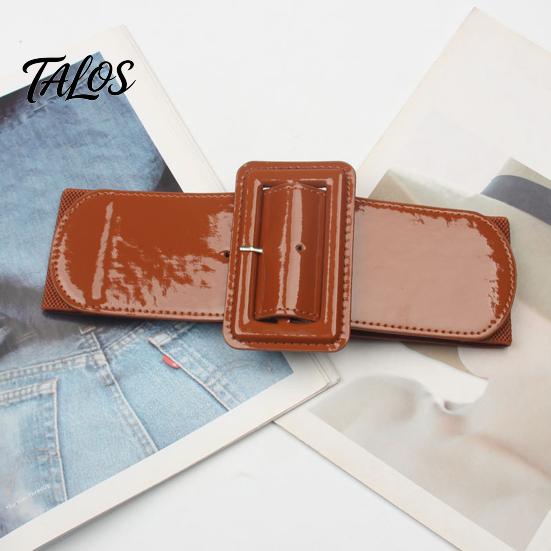 Vintage Style Elastic Waistband Adjustable Size Women Belt, Wide Faux Leather Square Buckle Belt with Buckle, Stretchy Dress Fashion Accessory