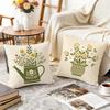 Sage Green Folk Potted Floral Cushion Cover Durable Hypoallergenic Organic Linen Short Pillow Cover Washable
