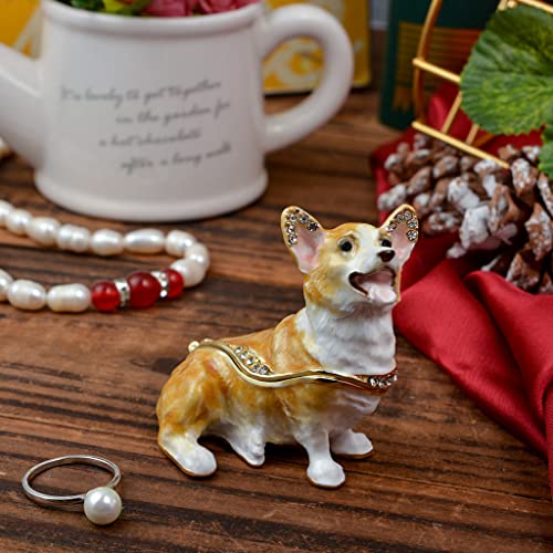 2.6-inch Corgi Figurine Dog Trinket Box, Hinged Jewelry Box, Golden Crystal Enamel, Animal Home Decor, Spicy Day Gift for Dog Lovers