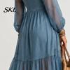 Beach Dress Women Faux Denim Maxi Dress, Mesh Patchwork Long Sleeve Button Simple Style Down Shirt Casual Loose Vintage Summer