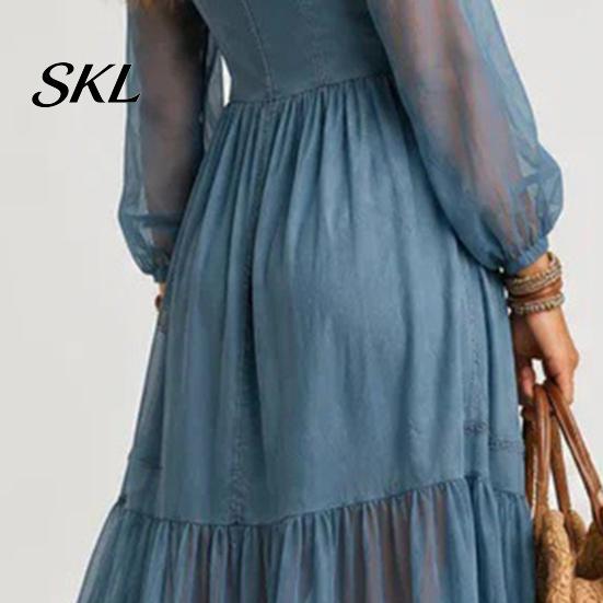 Beach Dress Women Faux Denim Maxi Dress, Mesh Patchwork Long Sleeve Button Simple Style Down Shirt Casual Loose Vintage Summer