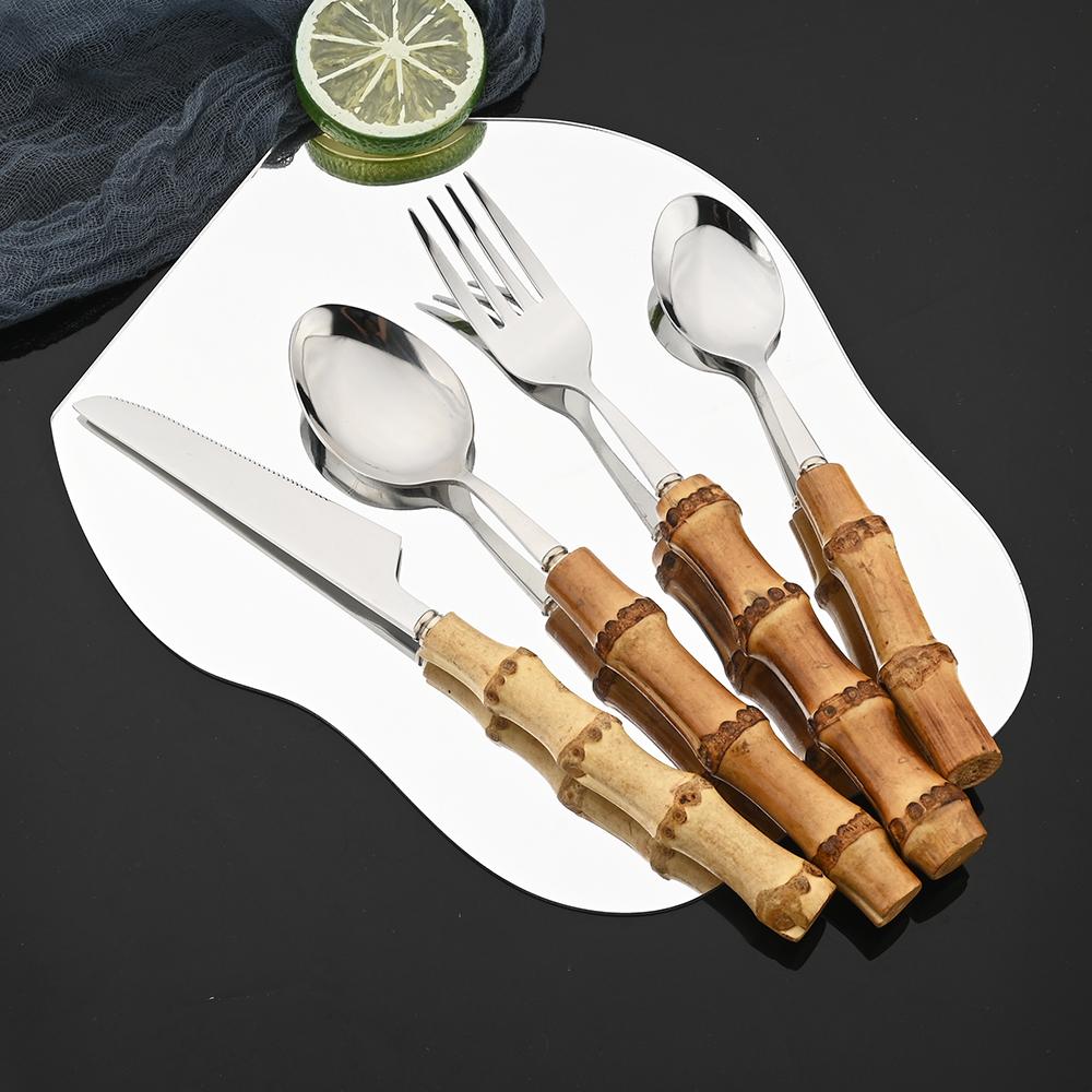 4/8/20Pcs Stainless Steel Flatware Cutlery Set Wood Bamboo Root Handle Dinnerware Knife Spoon Fork Tableware Kitchen Silverware