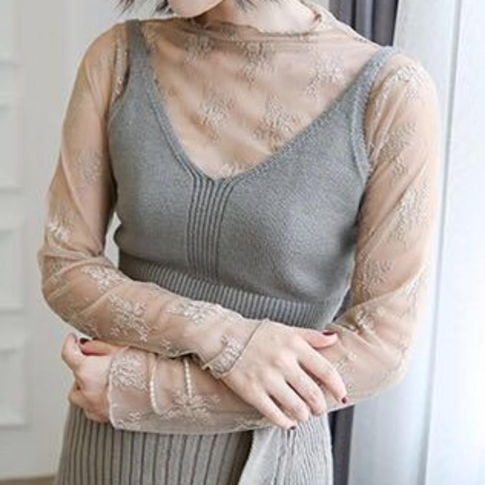 Long Sleeve Lace Bottomed Blouse Hollow Lace Floral  Shirts Elegant See Through Tops  Girls
