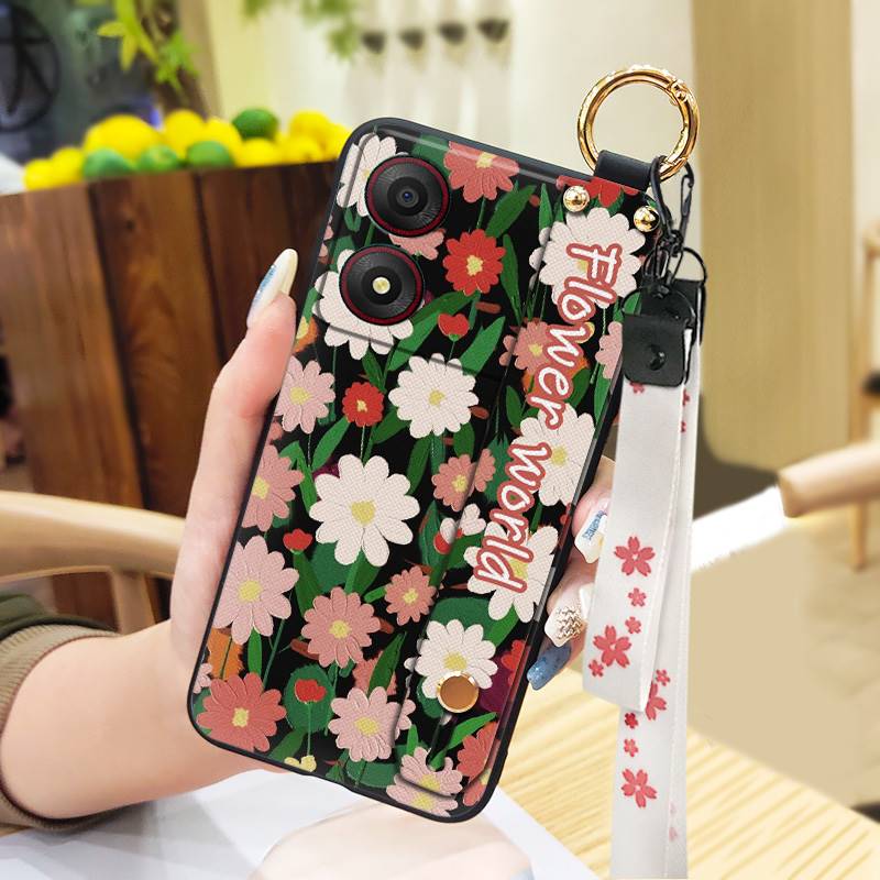 Kickstand Oil Painting Phone Case For ZTE Blade A34 Anti-dust Ring Fashion Design Anti-knock Lanyard Wrist Strap Flower