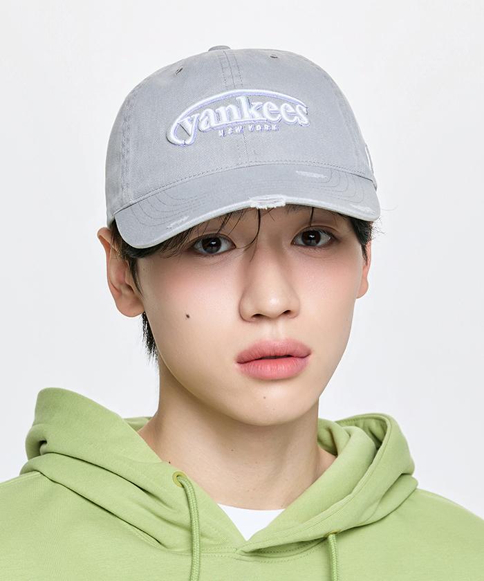 Emelbi Vintage Damaged Curve Logo Unstructured Ball Cap Ny (Grey)