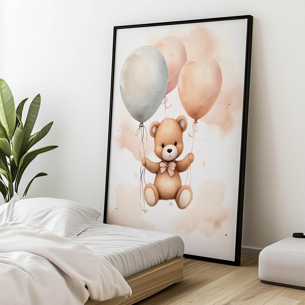 Miś W Balonowej Podróży Miś W Balonowej Podróży, 50X70 Cm, Rama Aluminiowa Czarna, Papier Matowy 230 Gsm