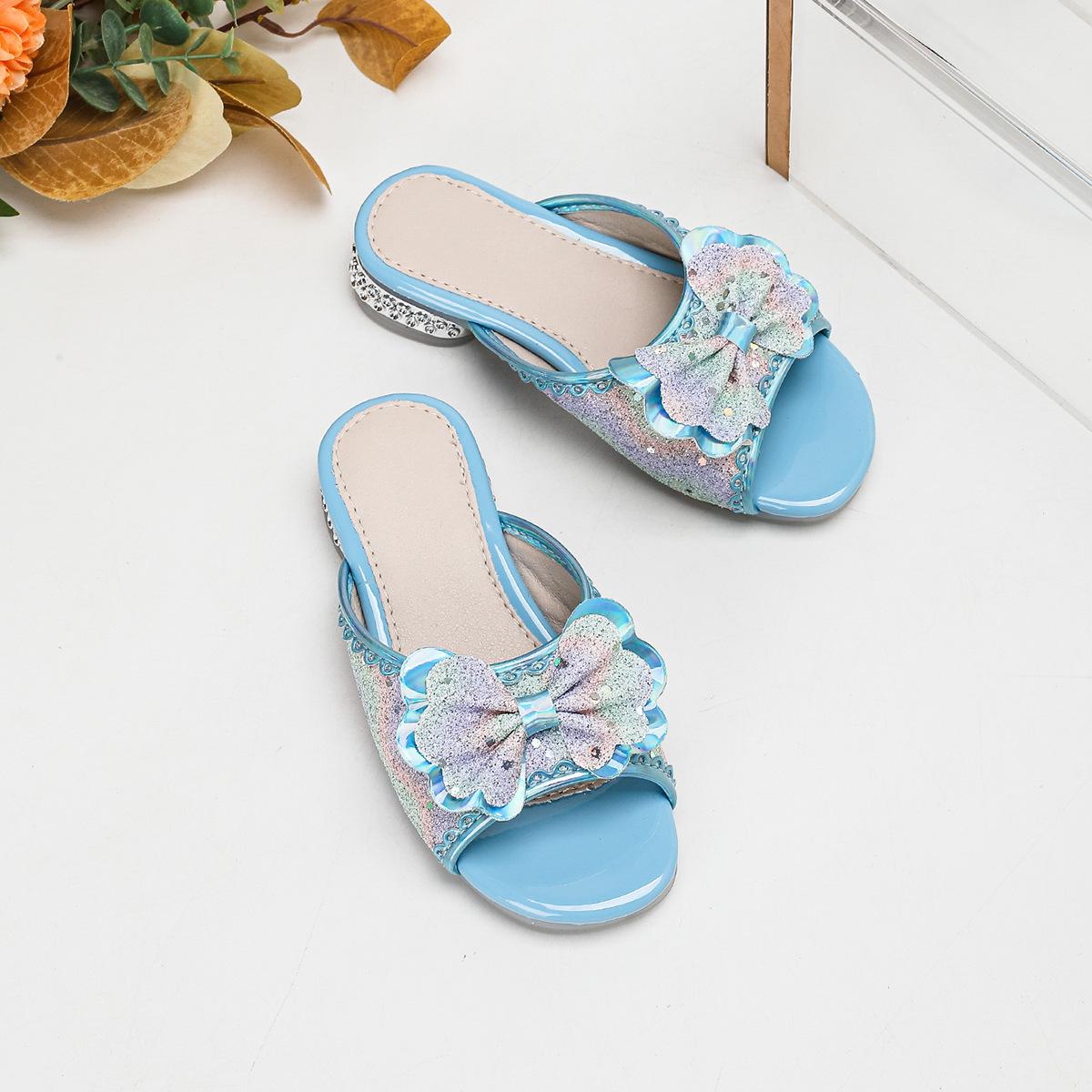 Girls Iridescent Blue Bow Non-Slip Princess Slippers 30 синий