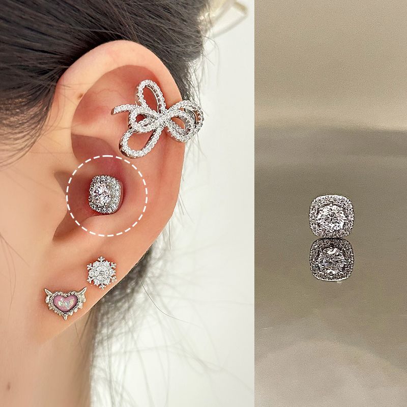 

Ringring Store Flash Square Diamond Ear Bone Stud Titanium Steel Ear Studs Ear-Caring Titanium Alloy Ear Ear Bone Pin Golden Earrings 1 sparkling champagne silver