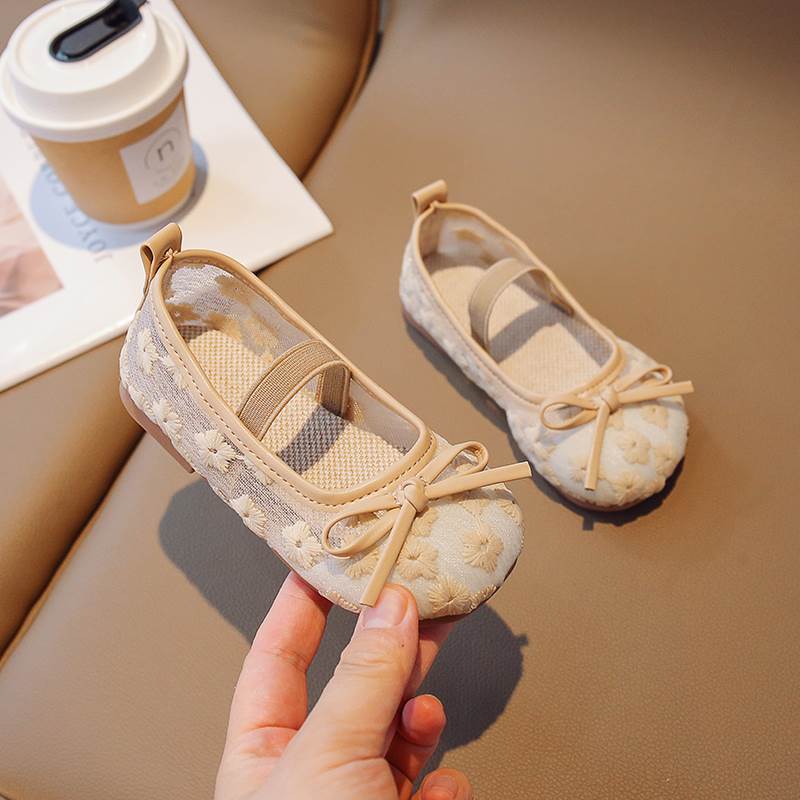 Kids Floral Embroidery Mesh Mary Jane Flat Shoes 23