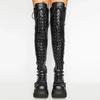 Womens Punk Edge Knee High Boots - Fashionable Platform Wedge Heel - Soft Round Toe Secure Lace-Up Design - Durable Chunky Sole