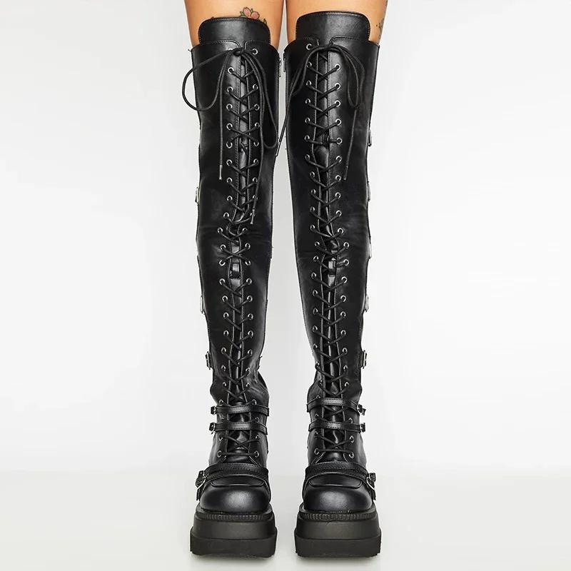 Womens Punk Edge Knee High Boots - Fashionable Platform Wedge Heel - Soft Round Toe Secure Lace-Up Design - Durable Chunky Sole