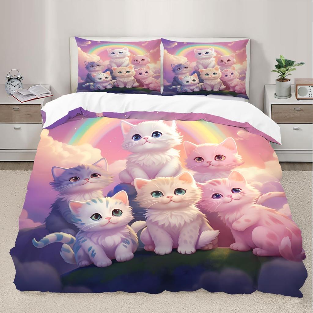 Rainbow Cat Duvet Covers For Kids Teens Girls Queen Lightweight Bedspread Cover Room Decor Kawaii Rainbow Ombre Cats Bedding Set