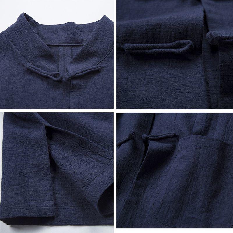 Camicia da Uomo Stile Cinese Retro Tuta Tang - Top a Maniche Lunghe in Lino Cotone