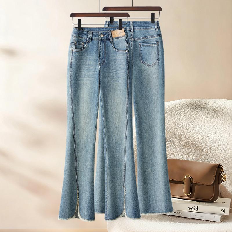 Women's Light Blue Frayed Micro-Flare High-Waisted Jeans for Spring/Autumn 2026 - Slimming Slit Flare Pants