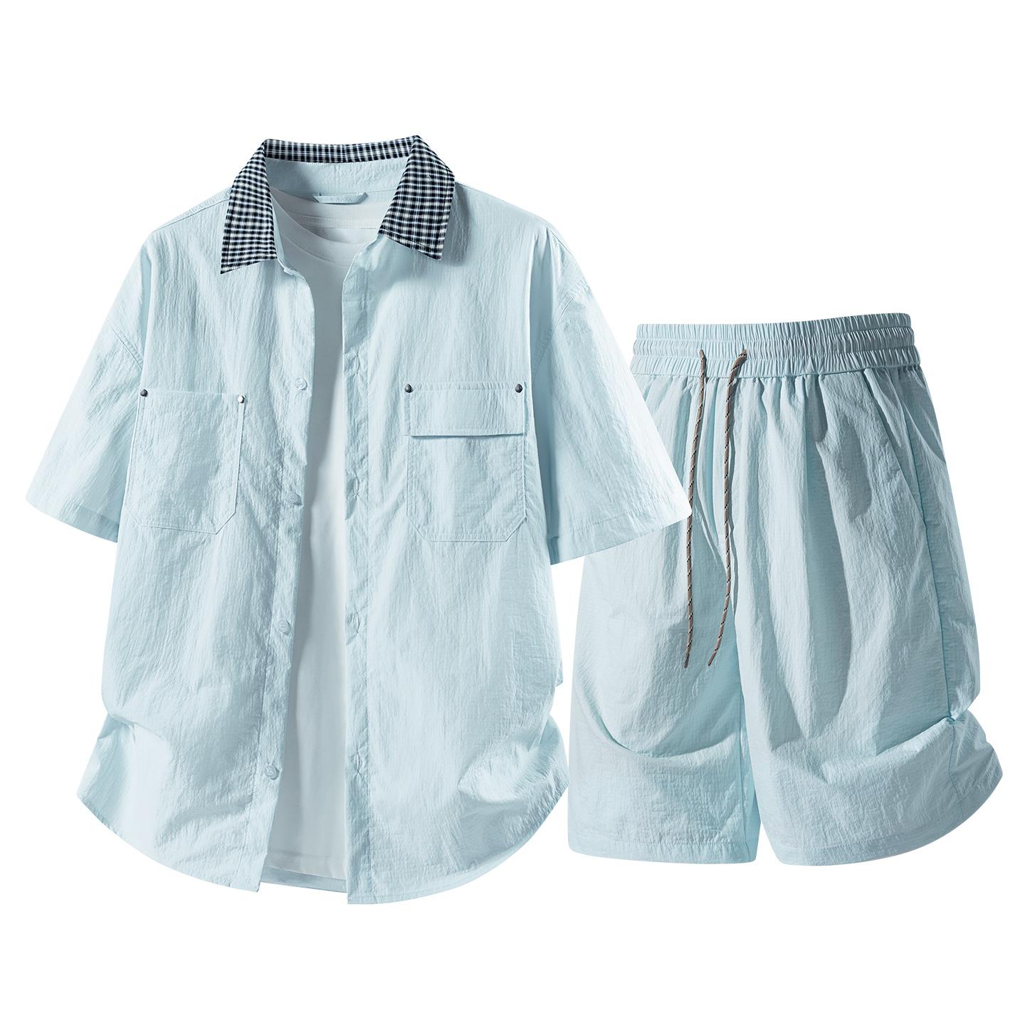 

Summer Solid Color Basic Versatile Ice Silk Set Men s Shirt Short Sleeved Set Men s Two-piece Set XL