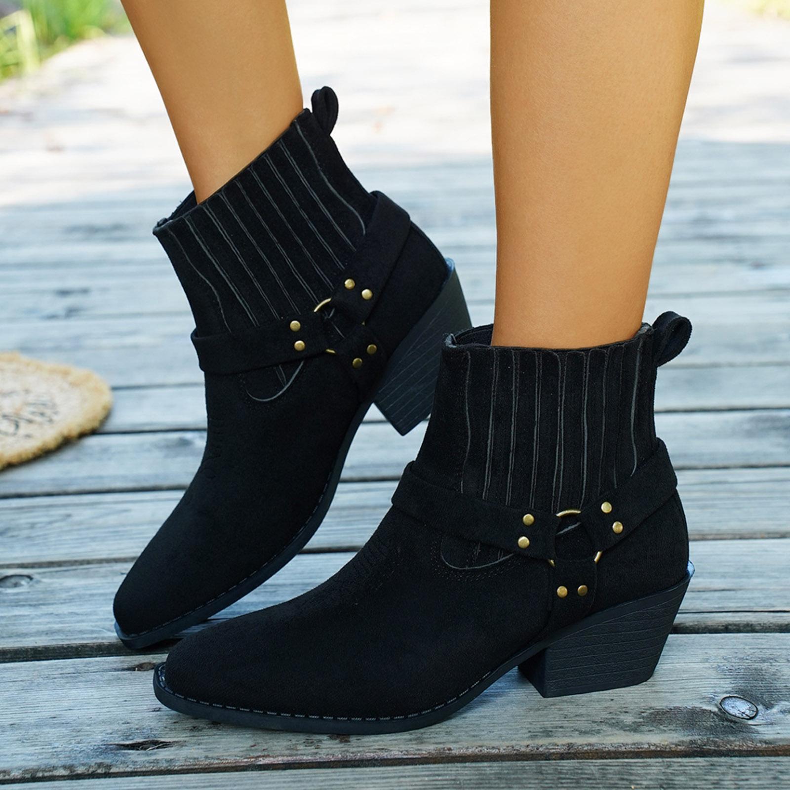 Women s Pointed Toe Fashion Mid Heel Chunky Heel Short Boot With Ankle Boot Boots for Women with Fringe 36 чёрный