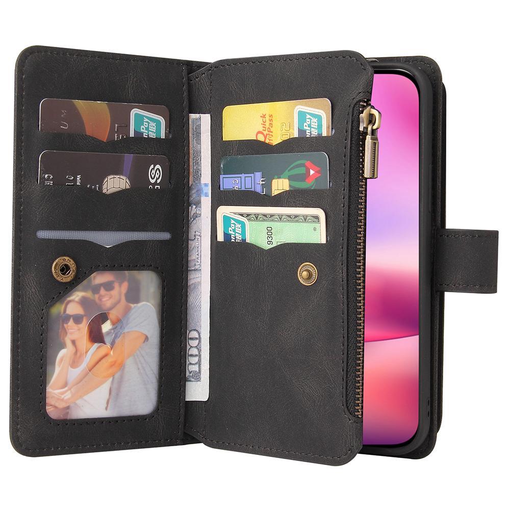 For iPhone 16 Zipper Wallet Case with 15 Card Slots and Strap Leather Phone Cover
