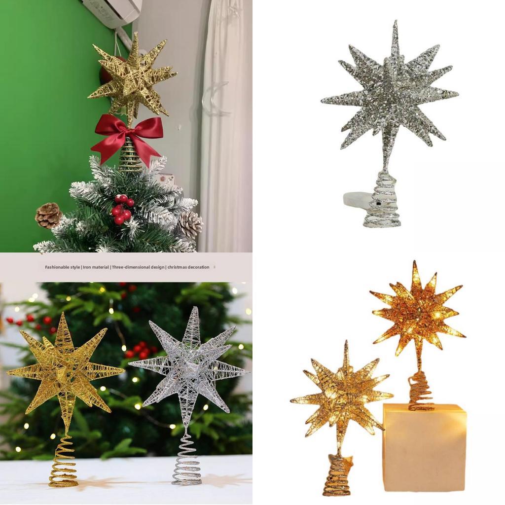 Christmas Tree Top Star Decoration With Led Flash And Metal Material For Holidays