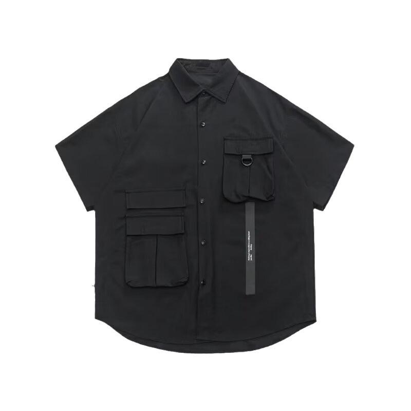Chemise d'été pour homme personnalisée, belle, vêtement de travail, manches courtes, ample, décontractée, col, multipoches, chemise de rue XL noir