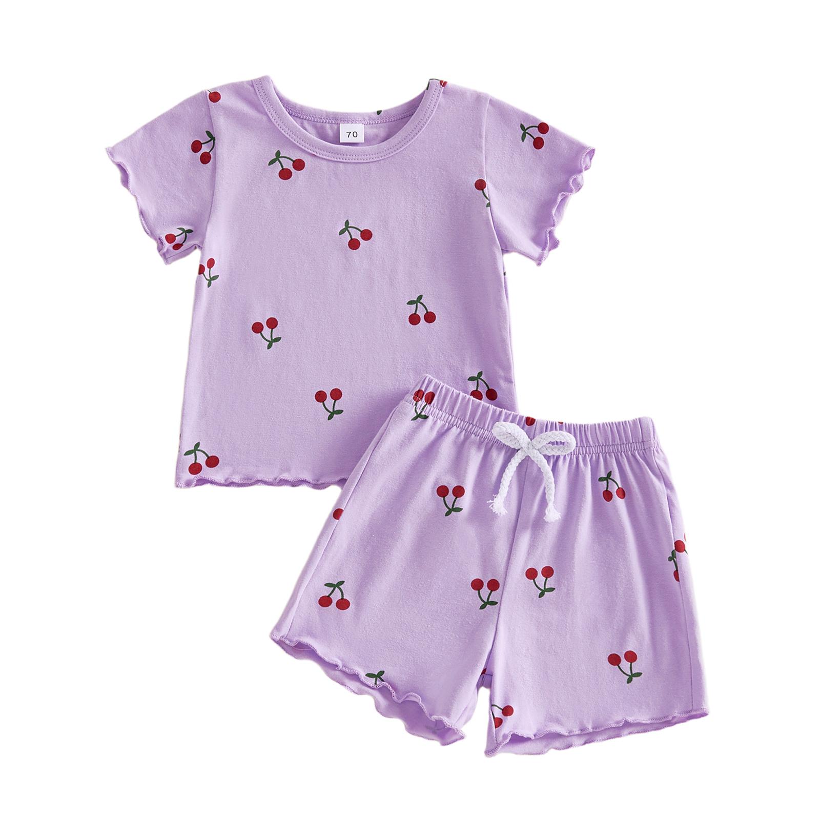 

2Pcs Kids Baby Girl Summer Casual Outfits Short Sleeve Cherry Print Tops + Shorts Set Clothes Sets 90