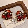 Vintage Red Heart Enamel Stud Earrings - High-End Carved Peach Heart Jewelry for Women