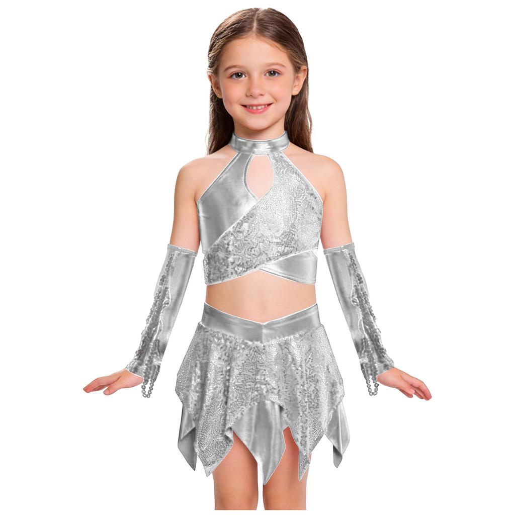 Dívčí kostým pro jazzový tanec s křížovým výstřihem, třpytivými flitry, metalickým zkráceným topem a asymetrickou sukní