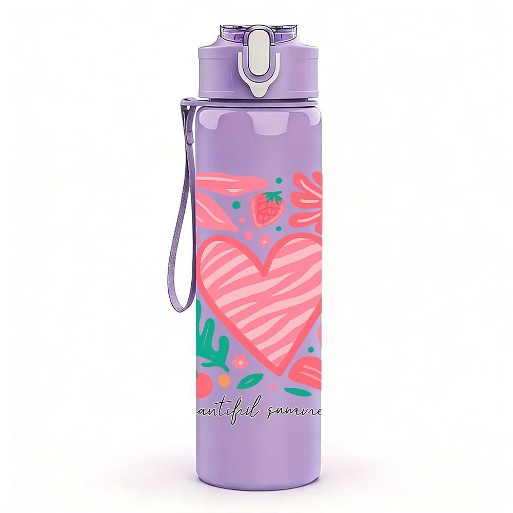 1PC Pink Floral Heart Frame 750ml Color Plastic Sports Water Bottle Leakproof Flip Straw Lid Suitable for Sports Office Home Use