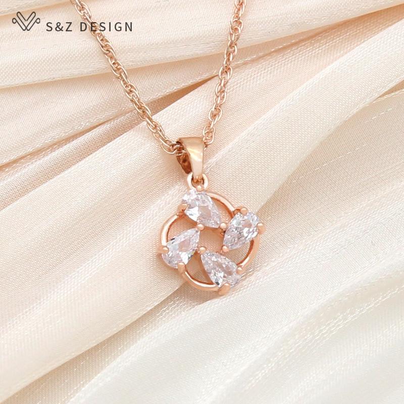 Trendy Elegant Natural Water Drop Zircon Dangle Earrings Rose Gold Color Jewelry Sets For Women Personality Party  Pendant Necklace