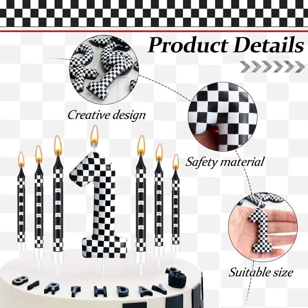1/6/12/13 Pcs Racing Cars Themed Birthday Candles Black and White Race Number Checkered Candle Cake Topper for Racing Car Party