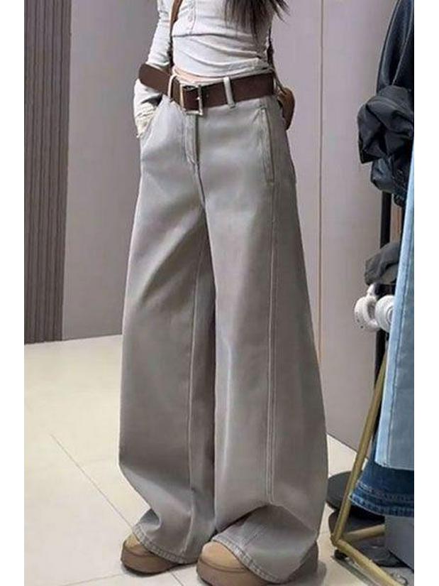 Women's Washed Grey Scratched Jeans - 2025 Autumn/Winter Collection: Slimming Loose Wide Leg Pants
