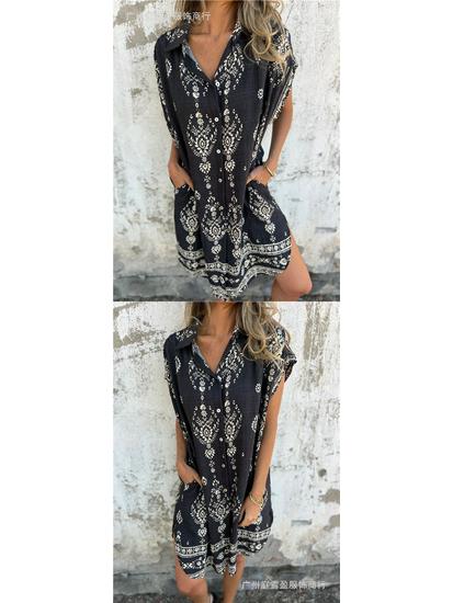 European & American Summer Casual Short-Sleeved Cotton Linen Shirt Dress with Pocket Print for Women