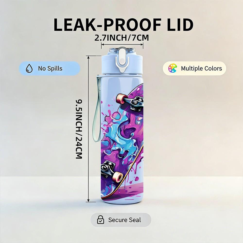 1PC Colorful Graffiti Skateboard Print 750ml Color Plastic Sports Water Bottle Leakproof Flip Straw Lid Suitable for Sports Office Home Use