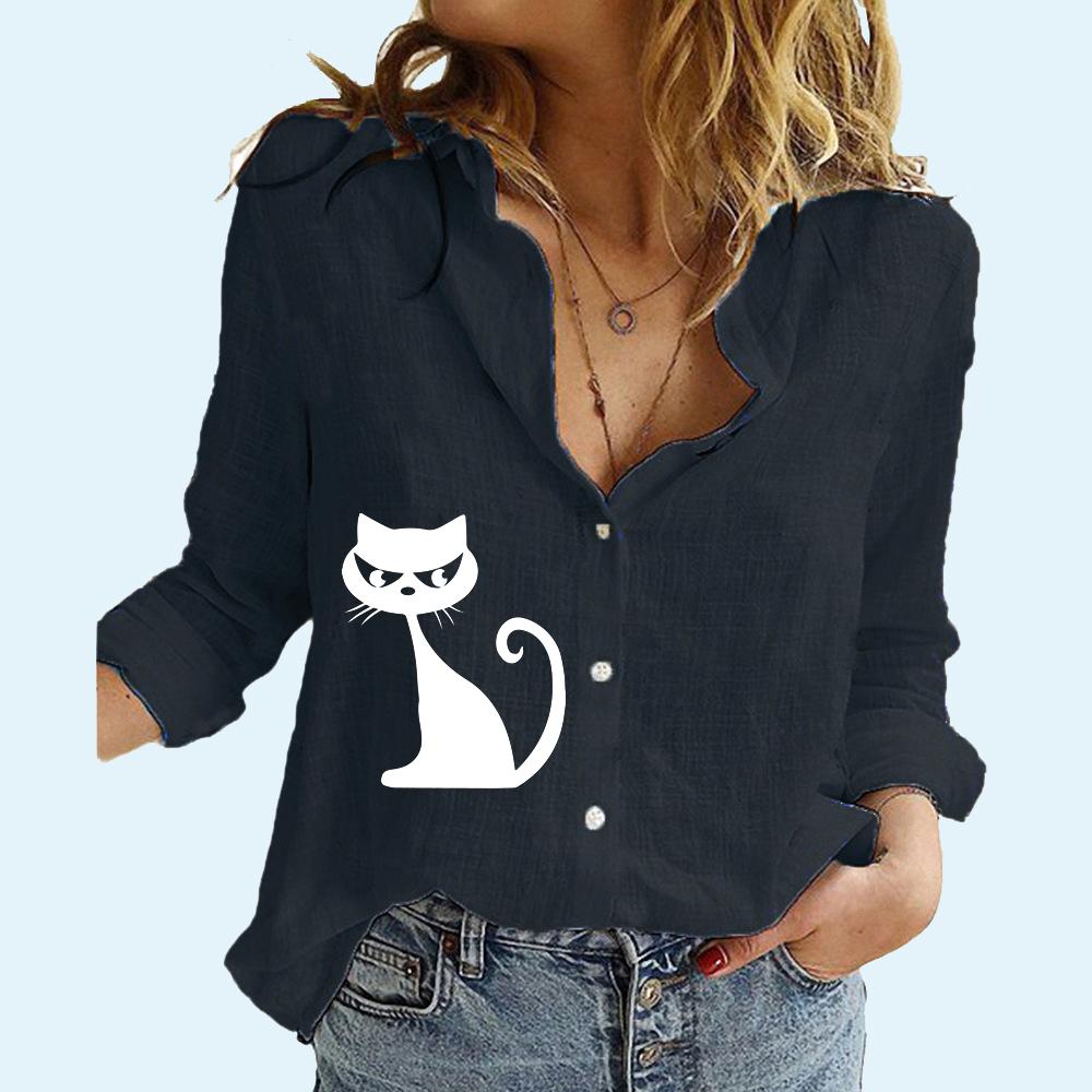 Damenmode Langarmshirt Frühling&Herbst Baumwolle Leinen Oberteil Damen Sommer Freizeit Katzenprint Bluse