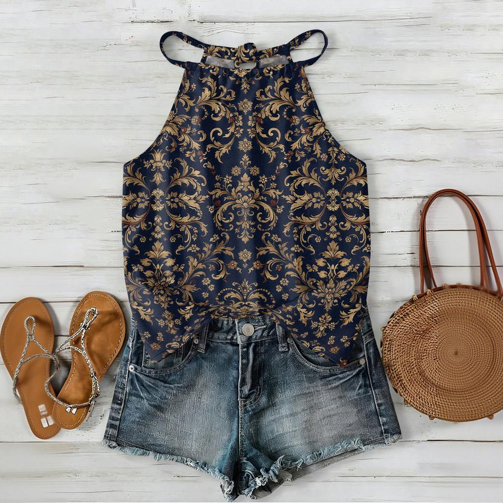 Women Sleeveless Bohemian Tank Top Geometric Print Casual Summer Beachwear Lightweight Blouse with Adjustable Straps and Back Button Closure
