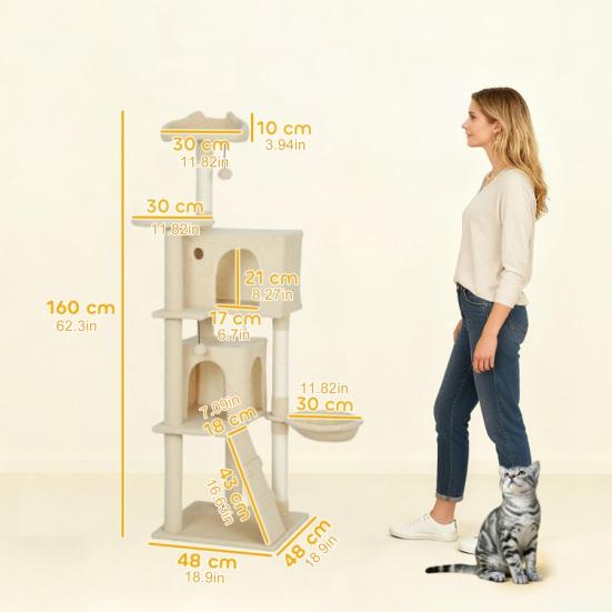 Cat Tree 160cm Cat Tower with Hammock, Ladder, Cave, 2 Plush Balls, Sisal Posts, 48 X 48 X 160cm,