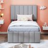 90x200cm Cotton Linen Fabric Storage Bed with Drawers Pull-out Bed Headboard Lines Design Strong Wood Slat Support Bed Home Furniture