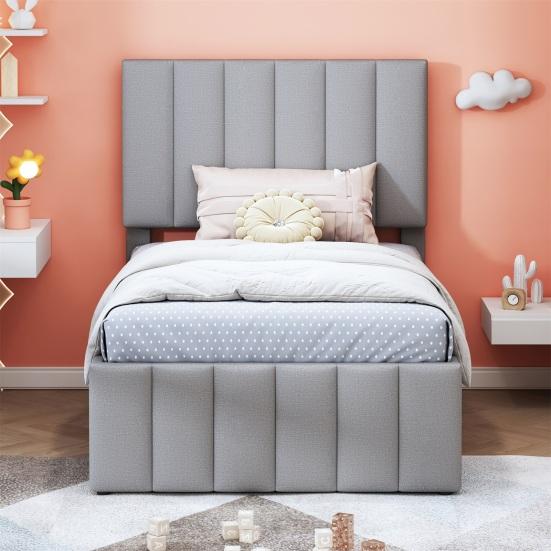 90x200cm Cotton Linen Fabric Storage Bed with Drawers Pull-out Bed Headboard Lines Design Strong Wood Slat Support Bed Home Furniture