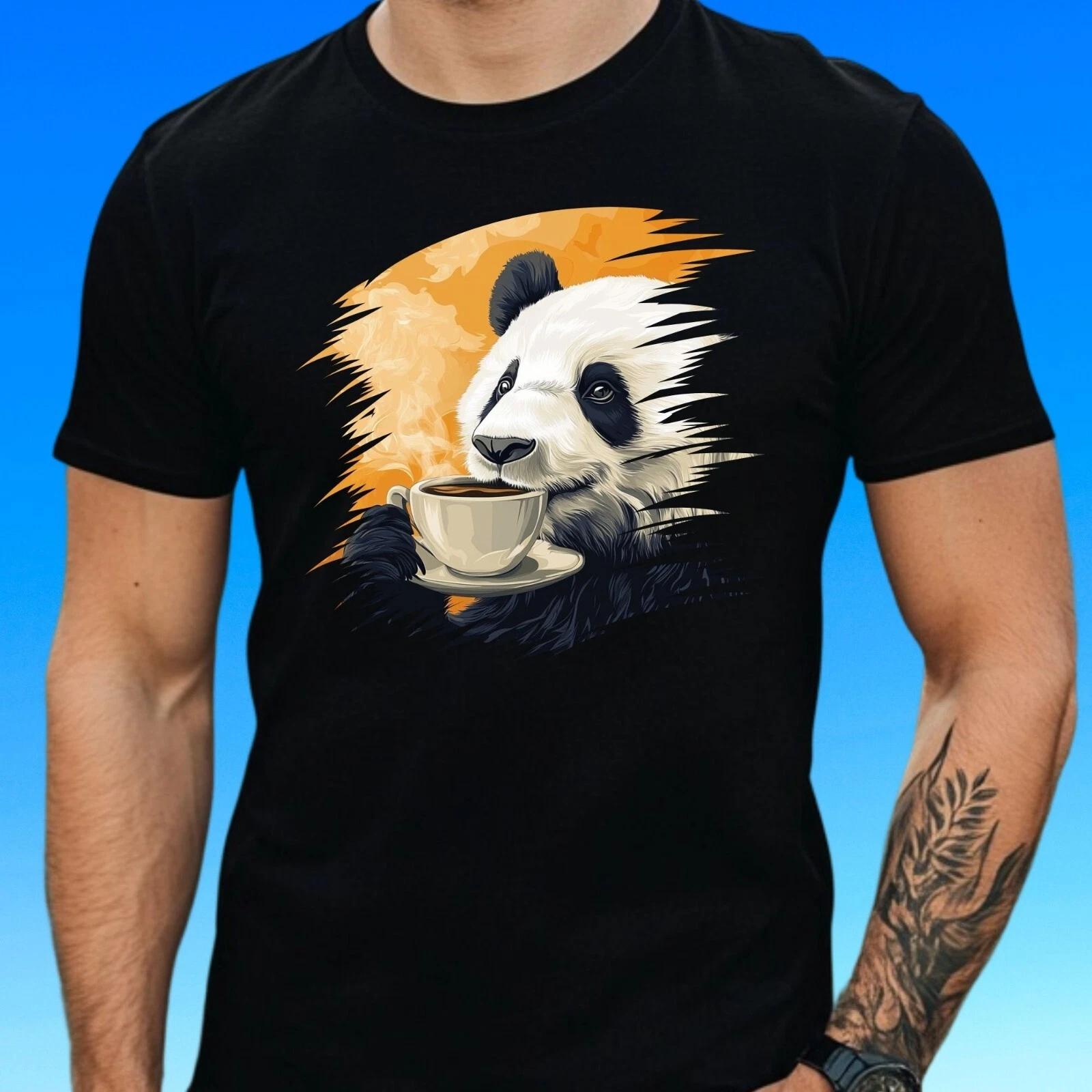 T-Shirt Herren Panda trinkt Kaffee Motiv Baumwolle Größe S bis 5XL M