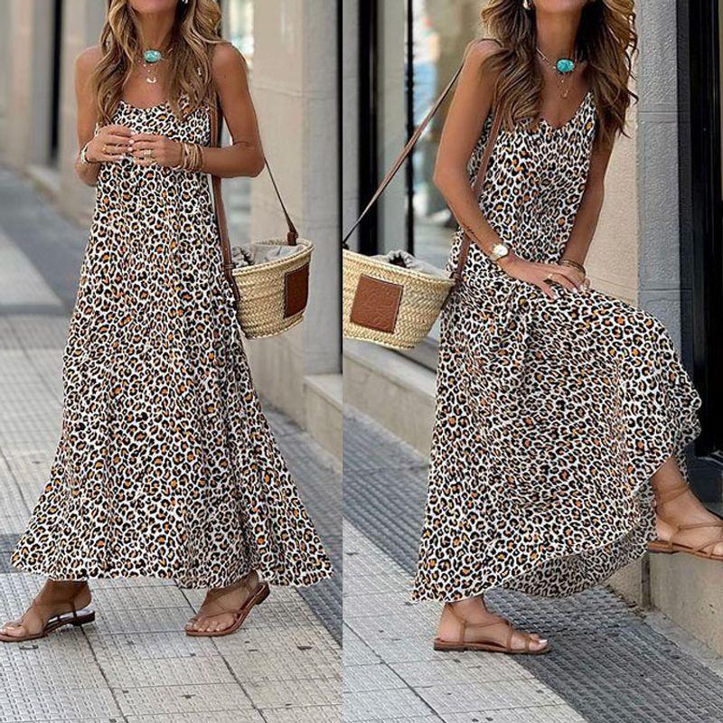 European and American Summer New Fashion Sexy Sexy Leopard Print Print V-neck A Word Sling Sleeveless Dress Vacation Long Dress