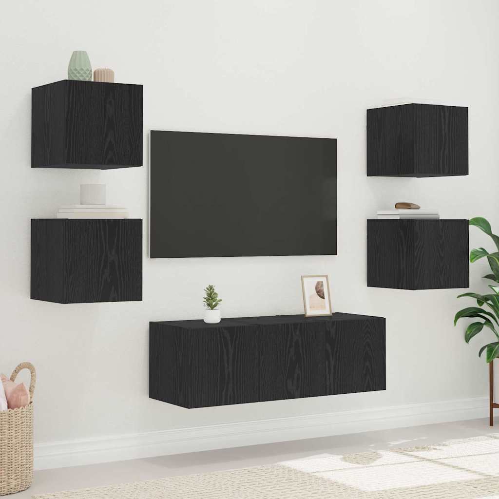 Wall Mounted TV Cabinet with LED Lighting Black Oak Effect 30.5 X 35 X 30 Cm