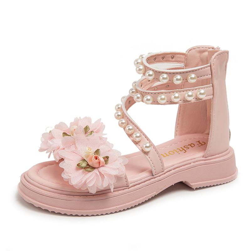 Cute Toddler Girl Sandals Big Kids Girl Summer Sandals Fashionable Pearl Simulated Flower Decorated Sandals Slipper 26