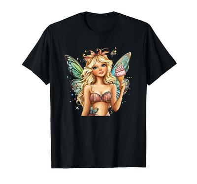 Pretty Fairy with Wings and Ice Cream for Fantasy Lovers. T-shirt