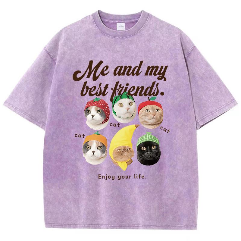 Io e la Mia Migliore Amica T-shirt Lavate in Cotone Donna Stampe Gatti Carini T-shirt Top Oversize Stile Usurato Girocollo Abbigliamento Donna